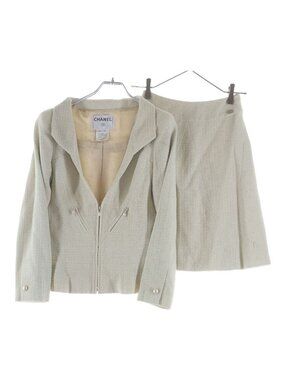 Chanel Tweed Suit Pearl Zip Up Jacket Mini Skirt Ivory